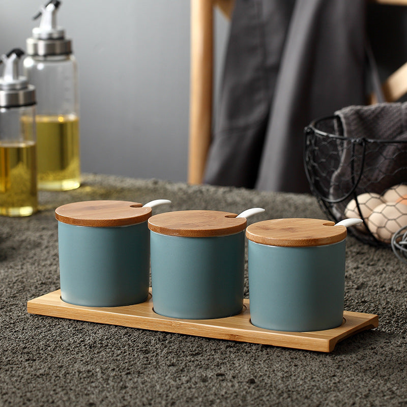 Tris di Organizer in Ceramica con Dettagli in Legno