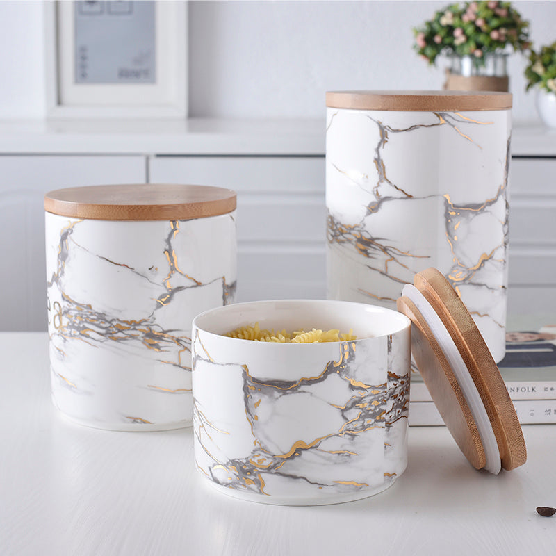Marble Luxury Jar: Barattolo in Ceramica con Coperchio in Legno