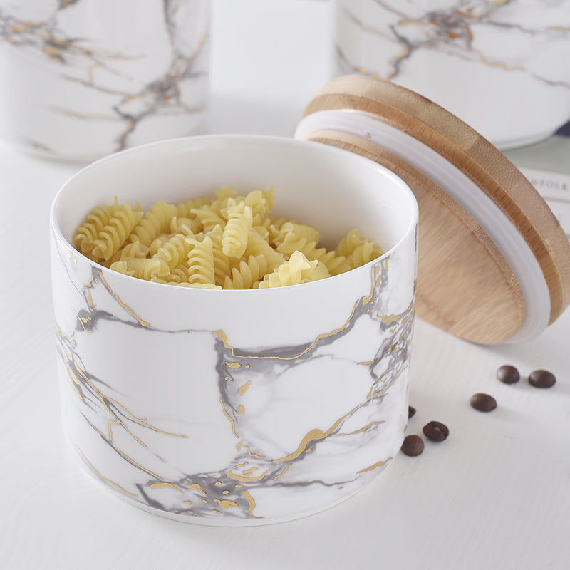 Marble Luxury Jar: Barattolo in Ceramica con Coperchio in Legno