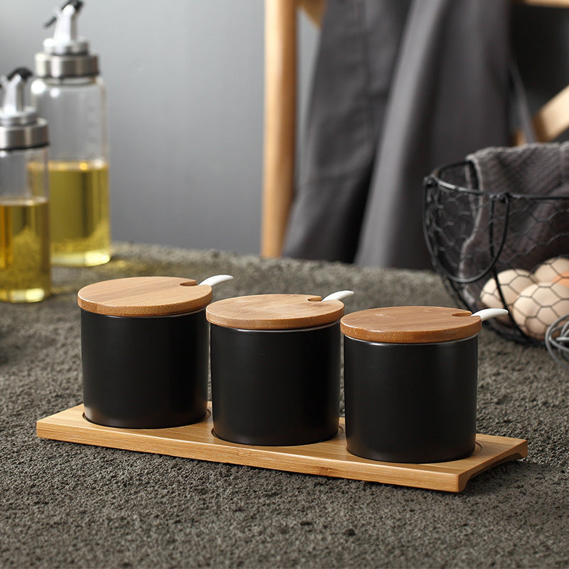 Tris di Organizer in Ceramica con Dettagli in Legno