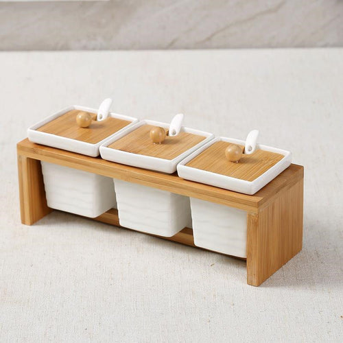 Tris di Organizer in Ceramica con Dettagli in Legno