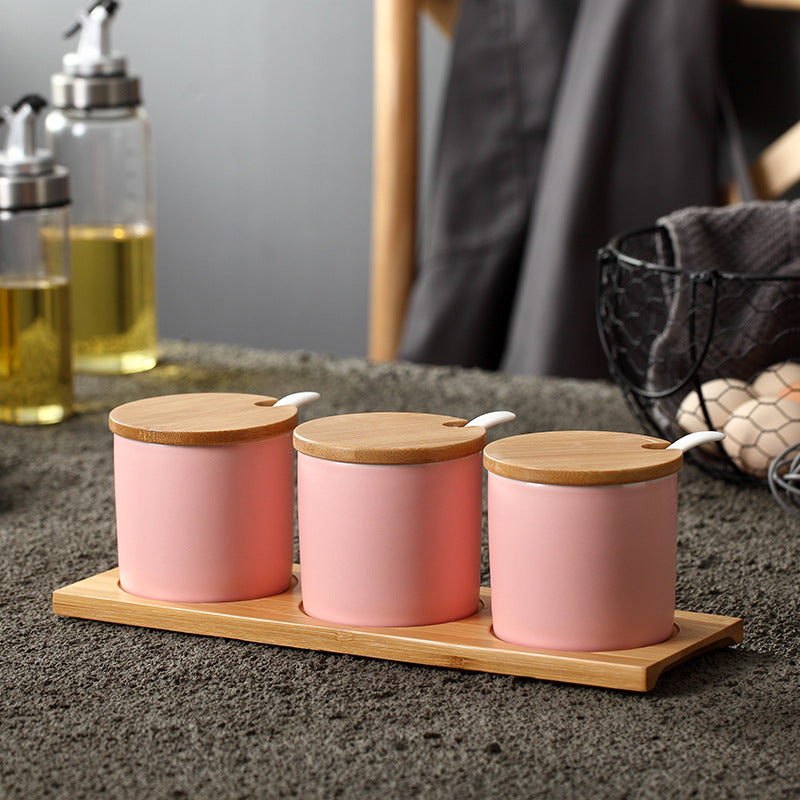 Tris di Organizer in Ceramica con Dettagli in Legno