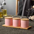 Tris di Organizer in Ceramica con Dettagli in Legno