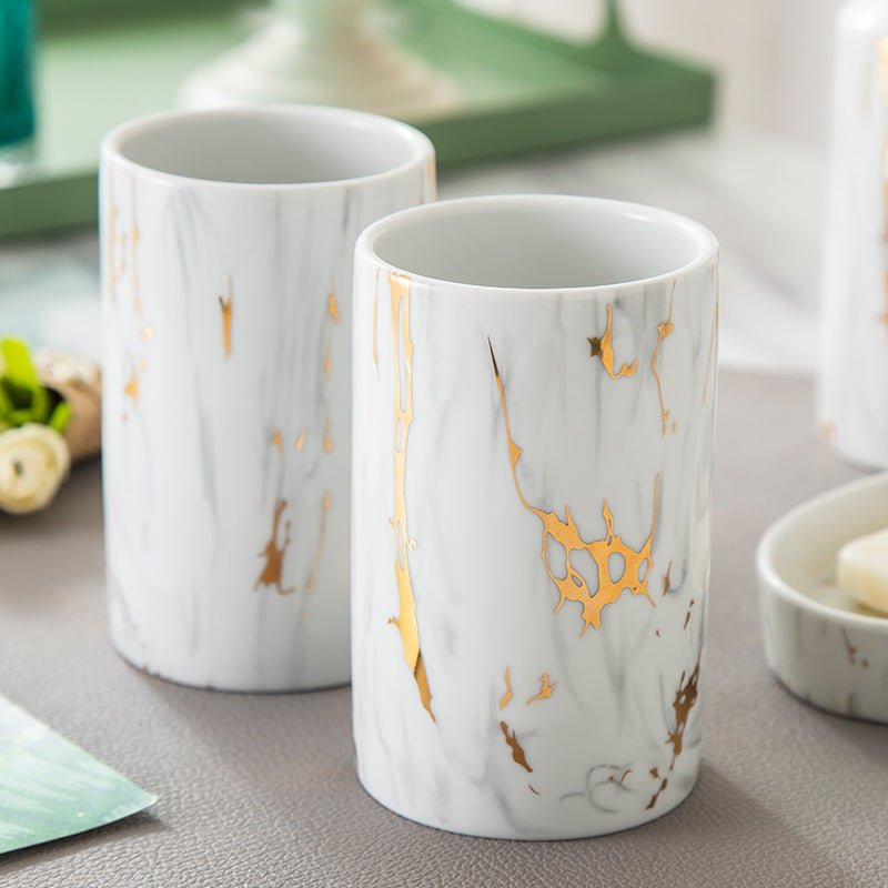 Set Accessori Bagno in Ceramica - Effetto Marmo & Oro