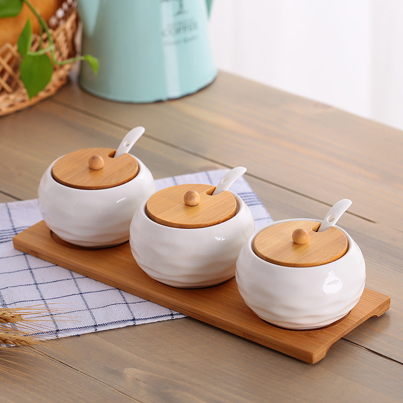 Tris di Organizer in Ceramica con Dettagli in Legno